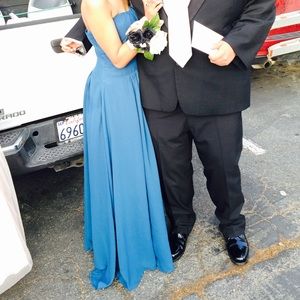 Long strapless chiffon prom dress with corset